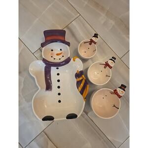 Snowman Ceramic Serving Dish Set 4 Pieces Holiday Christmas Bowls Platte